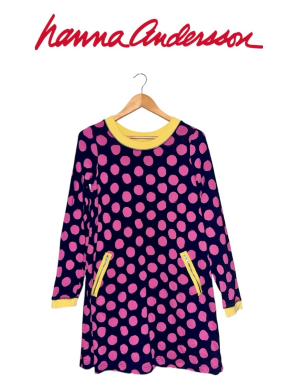 HANNA ANDERSSON Pink Navy Polka Dot Long Sleeve Dress Whimsical Girl 160 14-16